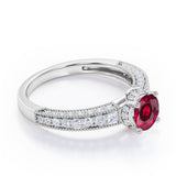Classic Four Prong 1.45 Carat Round Cut Lab Ruby And Diamond Vintage Milgrain Engagement Ring In White Gold