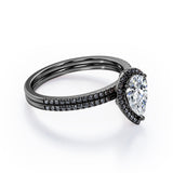 Scalloped Pave - 1.75 TCW Pear Shaped Moissanite with Lab Created Black Diamond - Halo Design Bridal Set in Rose Gold