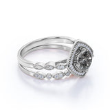 Art Deco Halo 0.8 Ct Round Cut Salt and Pepper Diamond Bridal Set