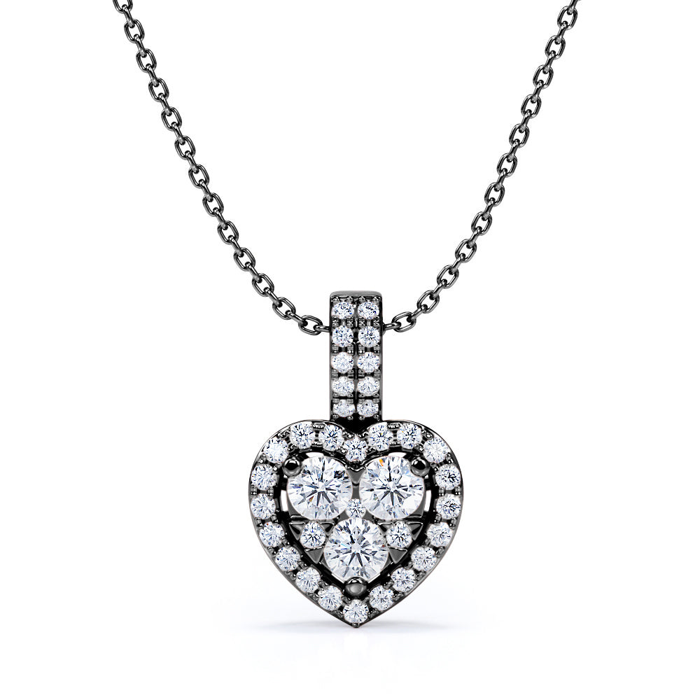 Three Stone 0.40 Carat Round Cut Moissanite and Diamond Heart Shaped Pendant Necklace In White Gold