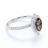 1.50 ct Oval Black Rutilated Quartz Halo Pave Engagement Ring