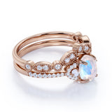 Antique Milgrain 1.75 Carat Oval Cut Blue Moonstone, pearl and Diamond Art Deco Bridal Set in White Gold