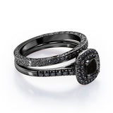 Filigree Scalloped Pave 1.65 TCW Princess Cut Lab Created Black Diamond Double Halo Style Wedding Ring Set in White Gold