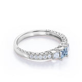 1.20 Carat Princess Cut Aquamarine And Diamond Beaded Pave Engagement Ring In White Gold