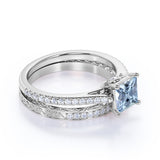 Perfect 1.50 Carat princess cut Aquamarine and Diamond Wedding Ring Set in White Gold