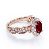 Milgrain Leaf 0.9 carat Oval Lab Ruby and Diamonds Nature-Inspired Engagement Ring in White Gold