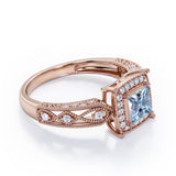 Designer Beaded 1.35 Carat Princess Cut Aquamarine And Diamond Halo Engagement Ring In White Gold