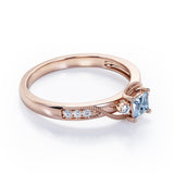 Double Curved Line Milgrain 0.55 carat Princess Aquamarine and Moissanite Dainty Engagement Ring in Rose Gold