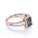 Split Shank 1.50 Carat Emerald Cut Man Made Alexandrite and Diamond Bezel Set Halo Engagement Ring