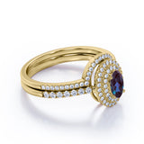 Unique Double Halo 2 Carat Oval Cut Artificial Blue Alexandrite with Diamond Semi Eternity Band Wedding Ring Sets in Rose Gold for Her