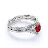 Infinity Flower Design 2.25 Carat Round Cut Lab Ruby and Diamond Halo Wedding Set in White Gold