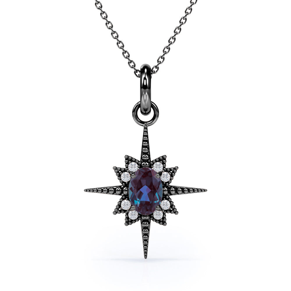 Beaded Star Halo 1.10 Carat Oval Cut Lab Created  Alexandrite And Diamond Four Prong Pendant Necklace In White Gold