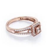 Split-Shanked Pave 1.55 Carat Princess Cut Morganite and diamond Milgrain-Bordered Halo Engagement Ring in White Gold