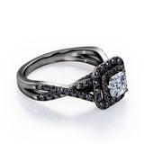 Rounded Square Double Halo -  1.55 TCW Princess Cut Moissanite with Lab Created Black Diamond - Infinity Pave Engagement Ring in White Gold