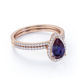 Intricate Traditional Halo 1.75 Carat Pear Cut Lab Grown Alexandrite and Diamond Half Eternity Pave Bridal Set Rings