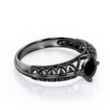 Beaded Four Prong 1 Carat Round Cut Black Diamond Solitaire Vintage Engagement Ring In White Gold