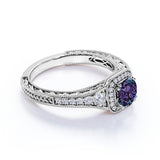 Vintage Filigree 1.35 Carat Round Cut Lab Created Alexandrite And Diamond Eight Prong Halo Engagement  Ring In White Gold