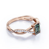 Twisted Infinity Solitaire 0.75 Carat Emerald Cut Lab Created Green Alexandrite and Semi Eternity Diamond Pave Engagement Ring in Rose Gold for Women