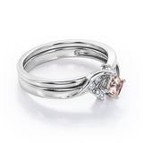 Petite Pave-Channel - 0.55 TCW Rhombus Princess Cut Morganite and Moissanite - Prong Tensioned Wedding Ring Set -  Rose Gold
