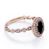 Antique Art Deco 1.35 Carat Oval Cut Black Diamond Halo Engagement Ring In Black Gold