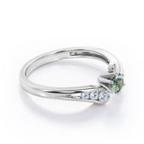 Curved Band - Six Prongs 0.5 carat Round Green Moss Agate and Moissanite Artistic Engagement Ring in Rose Gold