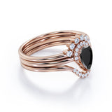 Dainty 1.35 Carat Pear cut Lab Black Diamond Antique Wedding Trio Ring Set in Rose Gold