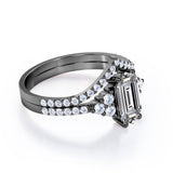 Elegant Clustered 1.1 carat Hexagon Moissanite and Diamond Bridal Ring Set in Black Gold