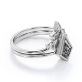 Chevron 1.15 Carat Kite Shaped Dark Black Rutilated Quartz And Diamond Bezel Set V Style Wedding Ring Set In Black Gold