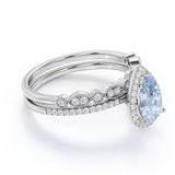 Halo 1.75 ct Pear Aquamarine Art Deco Wedding Ring Set