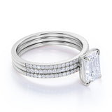 1.75 Carat emerald cut Moissanite and Diamond Trio Wedding Ring Set in 10k Rose Gold