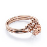 Artistic Petite Leaf 0.55 carat Hexagon Morganite and Moissanite Minimal Bridal Ring Set in Rose Gold