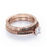 Milgrain-Edged 1.5 TCW Round-Shaped Moissanite with Lab Created Black Diamond Art Deco Victorian Design Wedding Set in Rose Gold