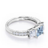 Trilogy 1.25 Carat Princess Cut Aquamarine And Diamond Three Stone Vintage Milgrain Engagement Ring In Rose Gold