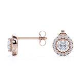 Half Bezel Set 1.10 Carat Round Certified Moissanite and Diamond Under Halo Modern Stud Earrings in White Gold