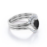 Dainty 1.35 Carat Pear cut Lab Black Diamond Antique Wedding Trio Ring Set in Rose Gold