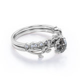 0.75 Ct Round Salt and Pepper Diamond Leaf Wedding Ring Set