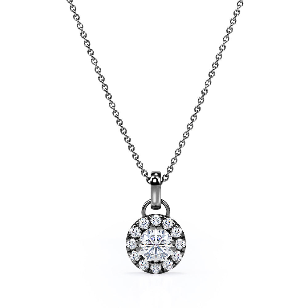 Six Prong Bezel Set 1.10 Carat Round Certified Moissanite and Diamond Halo Pave Pendant Necklace with Chain in Rose Gold