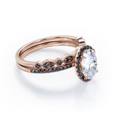 1.65 TCW Oval Cut Moissanite with Lab Created Black Diamond - Milgrain Filigree - Scalloped Pave Bridal Ring Set in White Gold