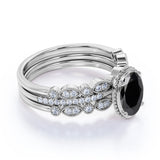 Artdeco 1.75 Carat Oval cut Lab Black Diamond Trio Wedding Bridal Ring Set White Gold