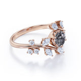 Floral Nature-Inspired 1 Carat Round Cut Solid Dendritic Black Rutilated Quartz and Diamond Unusual Engagement Ring for Women