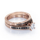 Art Deco Cathedral  1.55 TCW Round Shape Moissanite with Lab Created Black Diamond Pave and Channel Wedding Set in Rose Gold