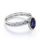 Classic Bezel Set 1.50 Carat Oval Cut Lab Created Alexandrite and Diamond Art Deco Bridal Set Rings