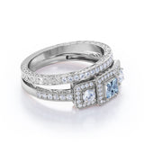 1.65 Carat Princess Cut Aquamarine And Diamond Halo Wedding Ring Set In White Gold