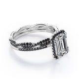 Crossover with Pave Accents - 1.75 TCW Emerald Cut Moissanite with Lab Created Black Diamond - Halo Bridal Ring Set in White Gold