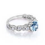 Vintage Solitaire 1.75 Carat Round Cut Vivid Deep Sea Blue Aquamarine and Diamond Milgrain Art Deco Engagement Ring in White Gold for Her