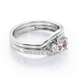 3 Stone Shared Prong - 1 TCW Princess Cut Morganite and Moissanite - Pave Curved Shank Wedding Set - Rose Gold