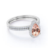 1.75 Carat Pear Cut Morganite Halo Bridal Set for Woman on 10k White Gold