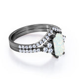 Chevron Pave Set 1.55 Carat Hexagon Cut White Fiery Opal And Diamond V Shaped Wedding Ring Set In Black Gold