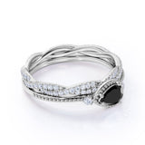 Affordable Antique Artdeco 1.60 Carat Pear Lab Black Diamond Halo Wedding Ring Set in Rose Gold