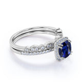 Classic Pave 2 Carat Cushion Cut Sapphire and Diamond Halo Bridal Set with Art Deco Band in White Gold
